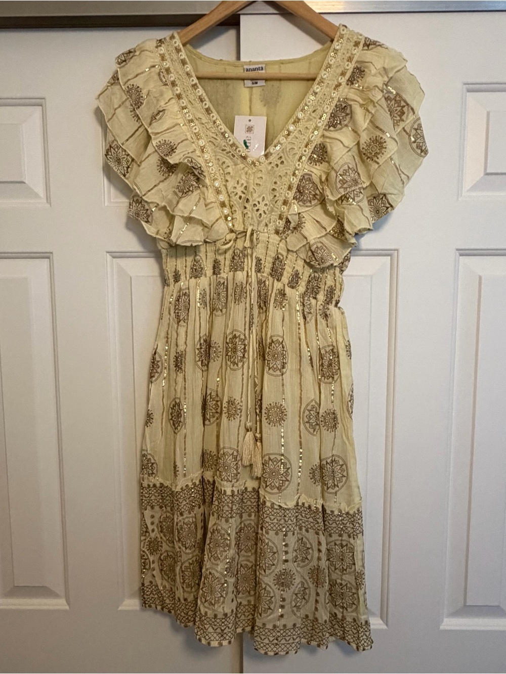 *NWT* Ananta Ruffle V-Neck Rayon Dress, Yellow/ Gold/ Tan, Size S/M